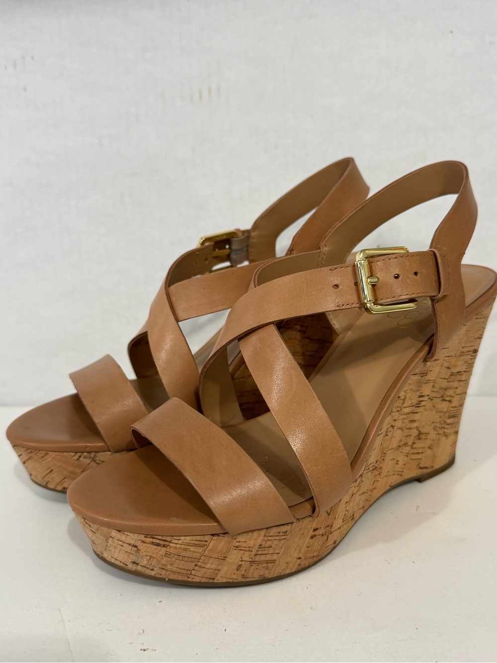 Franco Sarto Stallion Women's Tan Leather Cork Wedge Sandals